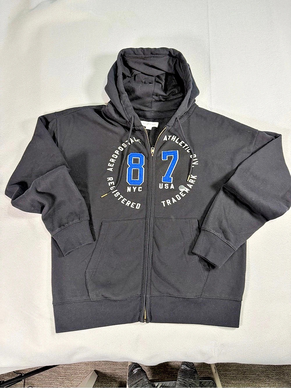 Aeropostale Aero 87 Logo Full-Zip Hoodie Black & Blue Size Medium